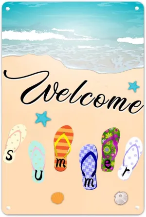 Welcome Beach Flip Flop Tin Plaque Novelty Personalized Metal Plaque Summer Sandals Travel Souvenirs Decor Iron Painting Beach House Decor for Table Study Room Patio Man Cave 12x8in