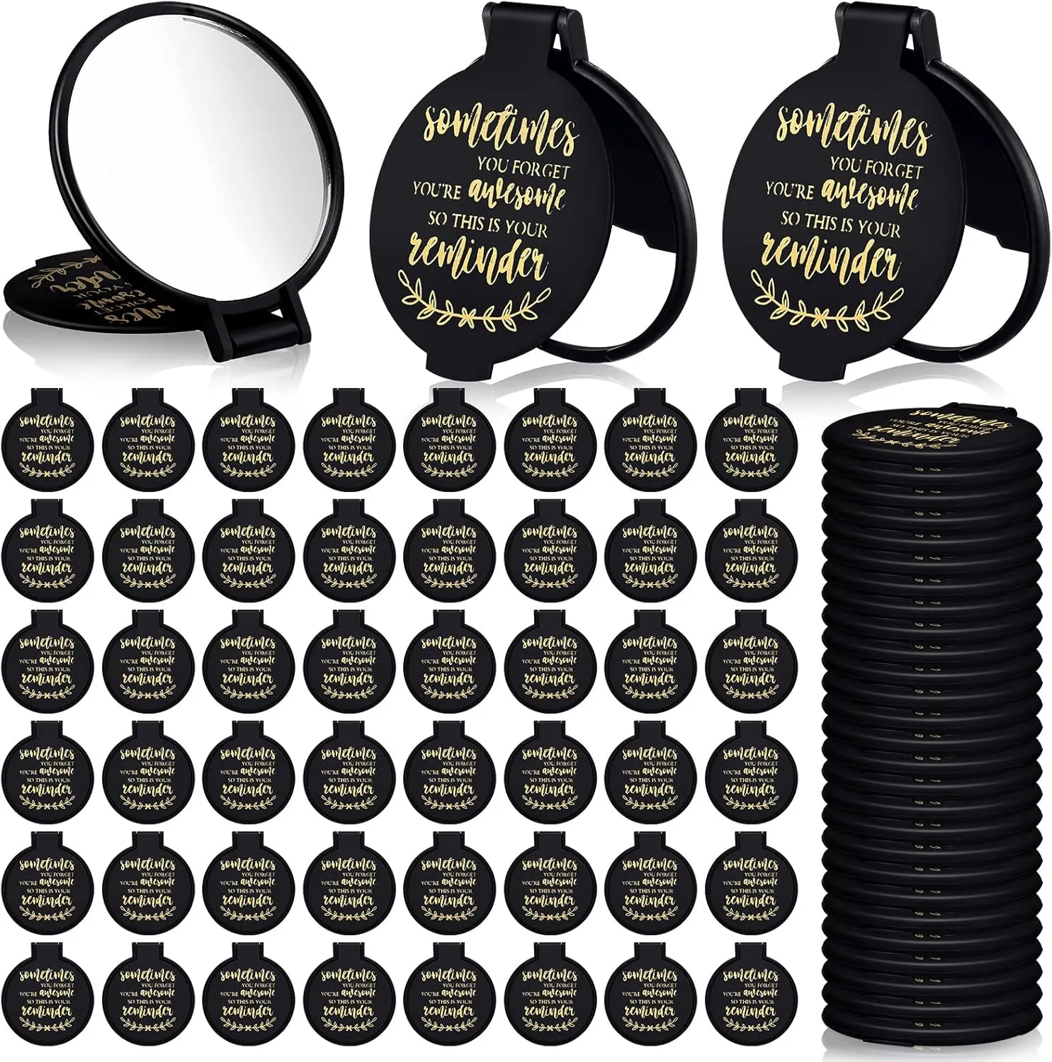 Weysat 48 Pcs Small Compact Mirrors Bulk Gifts for Women 2.8 in Black Inspirational Mini Pocket Purse Mirror Portable Folding Round Handheld Makeup Graduation Appreciation Gift for Coworker Employee