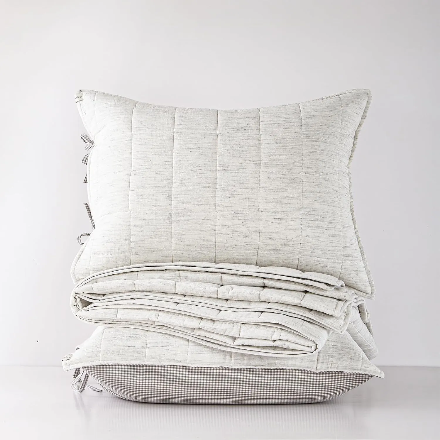 White Twin Quilt， Cotton Linen Twin Quilt Bedding Set，2-Pieces Quilted with Grey Gingham Coverlet Light Weight Bedding comforters with 1 Pillow Sham