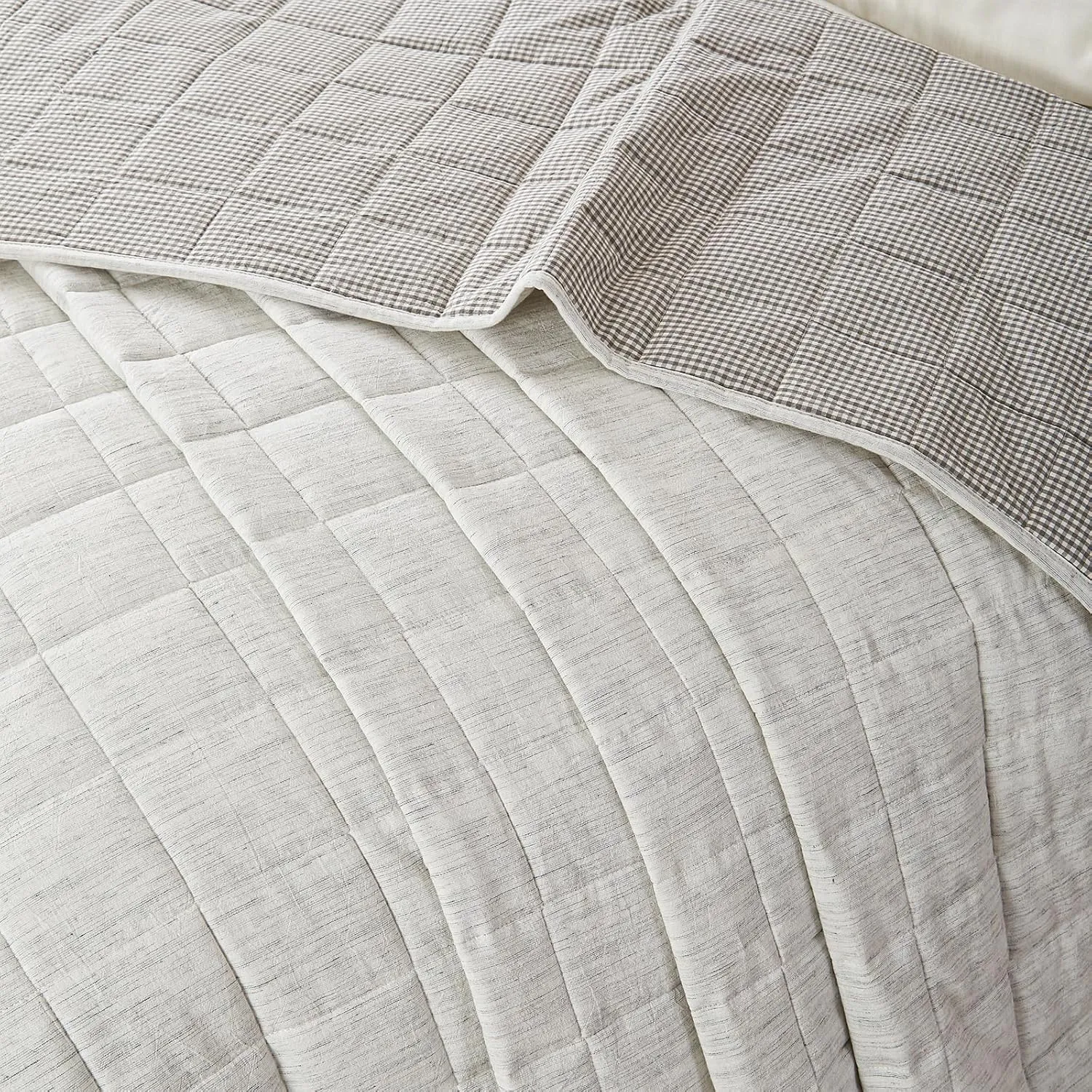 White Twin Quilt， Cotton Linen Twin Quilt Bedding Set，2-Pieces Quilted with Grey Gingham Coverlet Light Weight Bedding comforters with 1 Pillow Sham