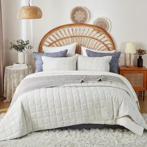 White Twin Quilt， Cotton Linen Twin Quilt Bedding Set，2-Pieces Quilted with Grey Gingham Coverlet Light Weight Bedding comforters with 1 Pillow Sham
