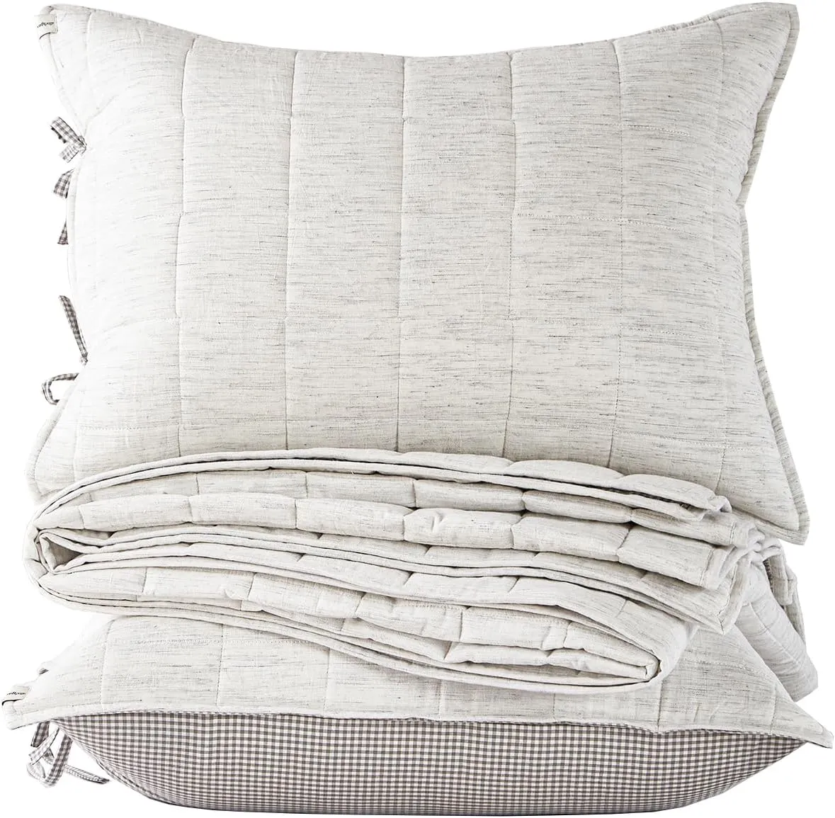 White Twin Quilt， Cotton Linen Twin Quilt Bedding Set，2-Pieces Quilted with Grey Gingham Coverlet Light Weight Bedding comforters with 1 Pillow Sham