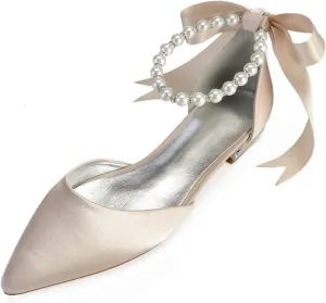 Women Wedding Bridal Shoe Comfort Flat Satin Pearls Shoes Pointed Toe Ankle Strap Prom Evening Party Pumps