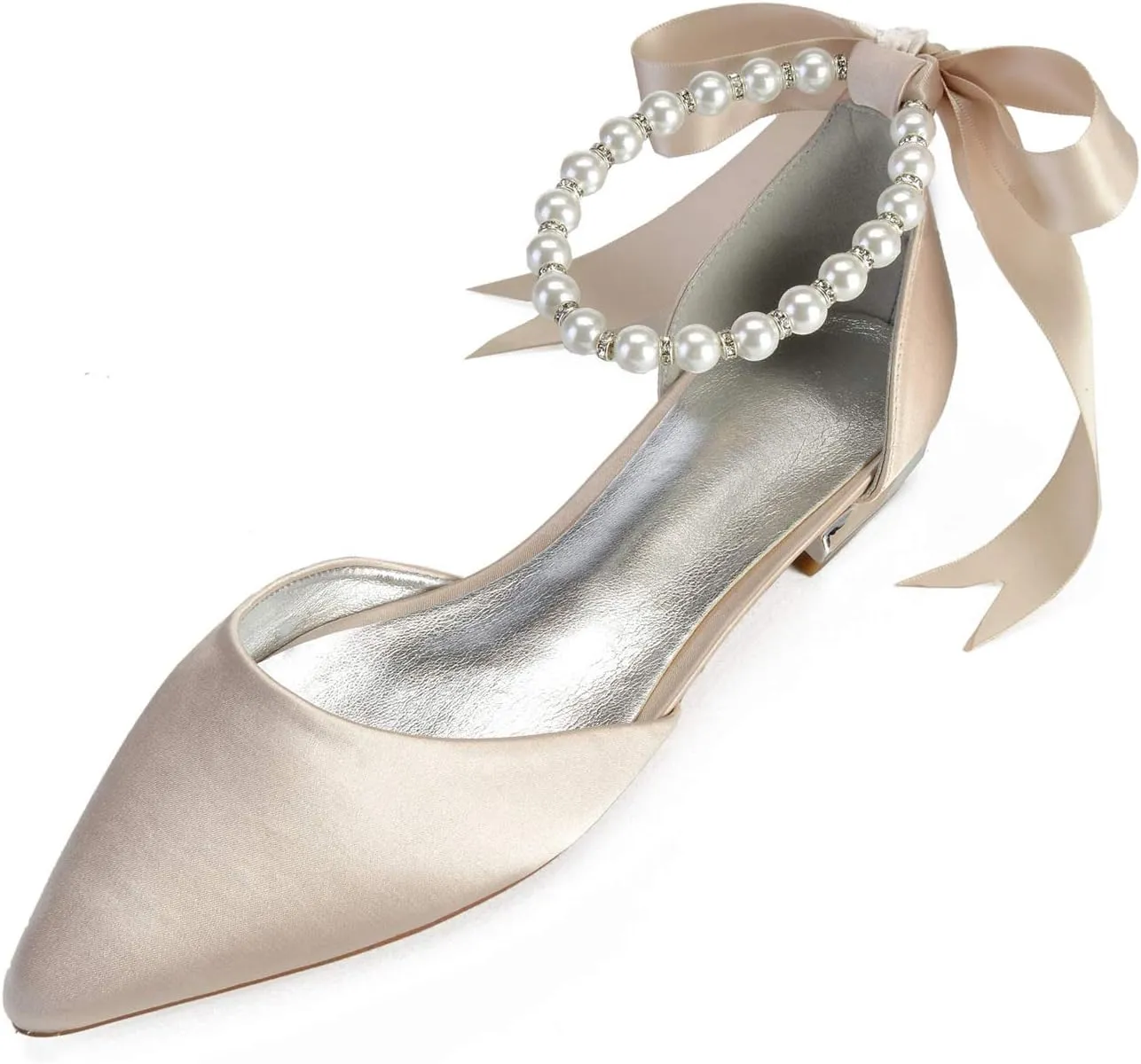 Women Wedding Bridal Shoe Comfort Flat Satin Pearls Shoes Pointed Toe Ankle Strap Prom Evening Party Pumps
