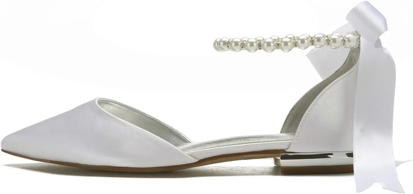 Women Wedding Bridal Shoe Comfort Flat Satin Pearls Shoes Pointed Toe Ankle Strap Prom Evening Party Pumps