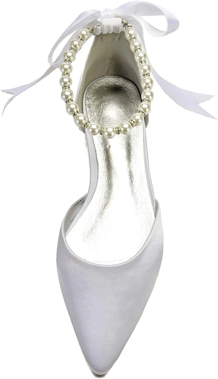 Women Wedding Bridal Shoe Comfort Flat Satin Pearls Shoes Pointed Toe Ankle Strap Prom Evening Party Pumps