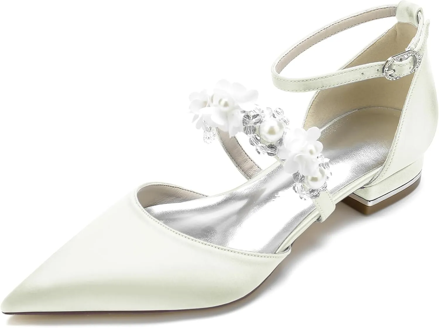 Women's Ankle Strap Wedding Shoes for Bride Pointed Toe Satin Wedding Flats Pearl Flower Formal Prom Party Dress Shoes