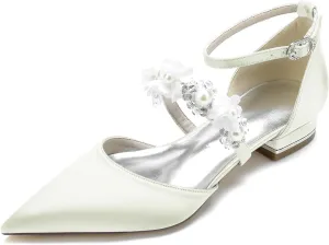 Women's Ankle Strap Wedding Shoes for Bride Pointed Toe Satin Wedding Flats Pearl Flower Formal Prom Party Dress Shoes
