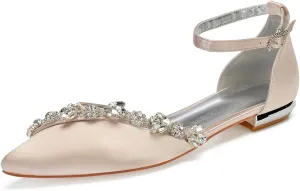 Women's Ankle Strap Wedding Shoes Satin Rhinestone Pointed Toe Flats for Bride