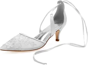 Womens Bridal Shoes Satin Lace Wedding Bridal Bridesmaid Pumps Shoes Pointed Toe Wedding Shoes for Bride Ankle Strap Party Pumps Shoes