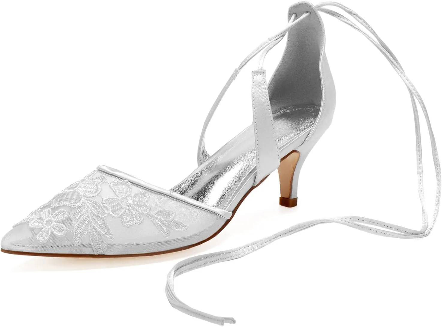 Womens Bridal Shoes Satin Lace Wedding Bridal Bridesmaid Pumps Shoes Pointed Toe Wedding Shoes for Bride Ankle Strap Party Pumps Shoes