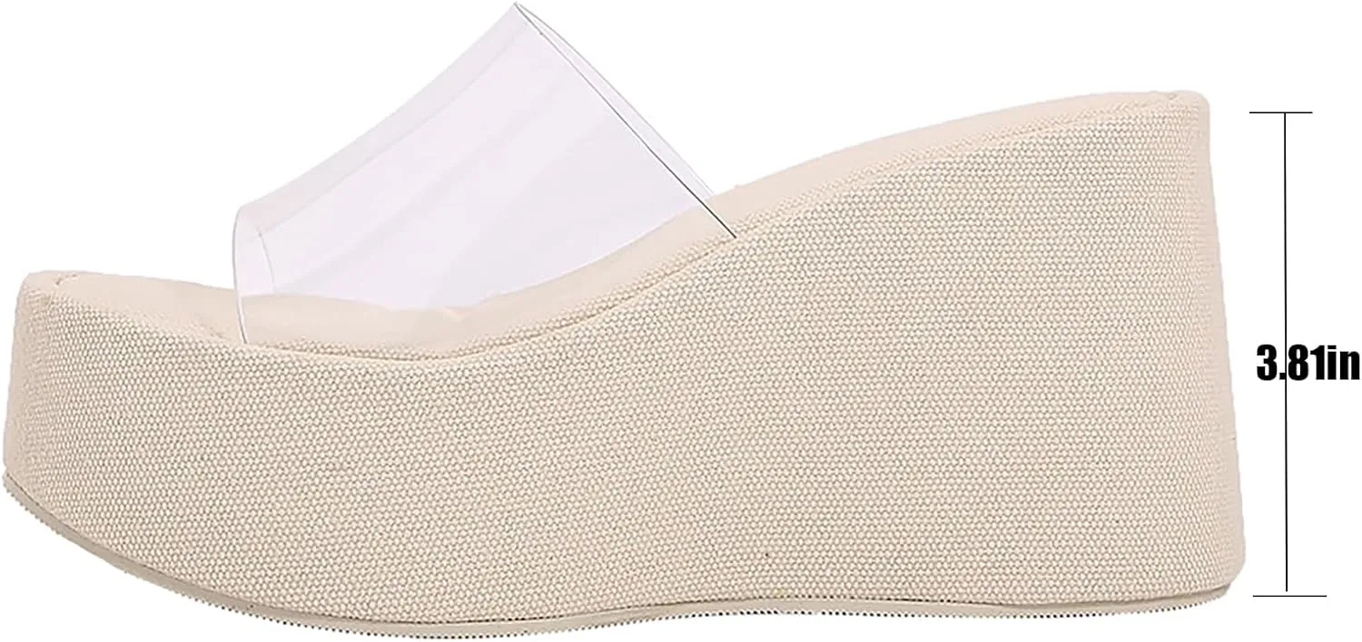 Women'S Clear Strap Platform Wedges Slide Sandals Fashion Round Toe Open Slip-On Comfortable High Heel Platform Dressy Slippers Summer Party Dance Casual Beach Walking Slippers