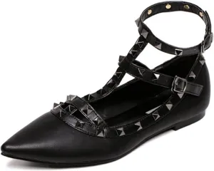 Womens Fashion Stud Flat Shoes Pointed Closed Toe Low Heels Color Block Studded T-Strap Casual Shoes Ankle Strap Buckle Classic Work Flats Office Shoes