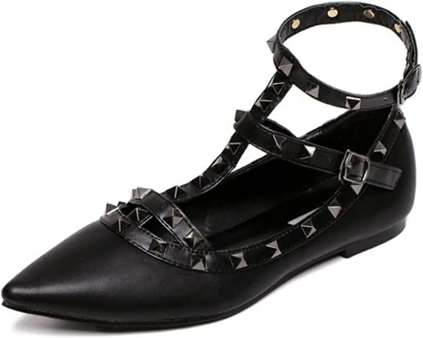 Womens Fashion Stud Flat Shoes Pointed Closed Toe Low Heels Color Block Studded T-Strap Casual Shoes Ankle Strap Buckle Classic Work Flats Office Shoes