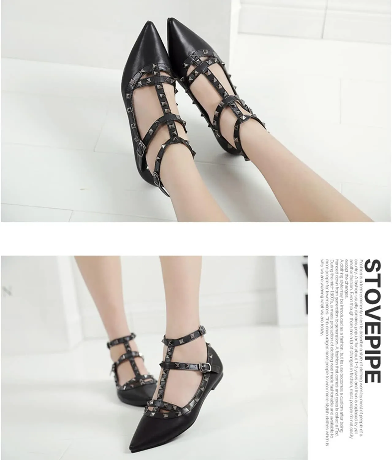 Womens Fashion Stud Flat Shoes Pointed Closed Toe Low Heels Color Block Studded T-Strap Casual Shoes Ankle Strap Buckle Classic Work Flats Office Shoes