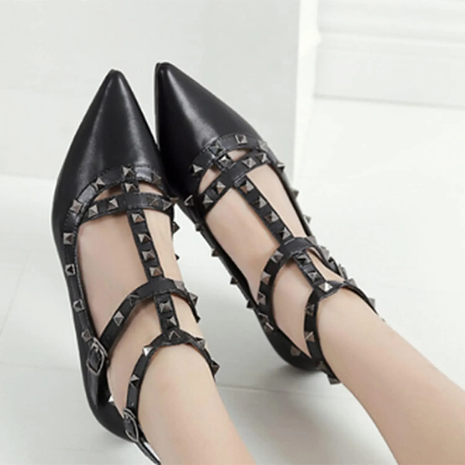 Womens Fashion Stud Flat Shoes Pointed Closed Toe Low Heels Color Block Studded T-Strap Casual Shoes Ankle Strap Buckle Classic Work Flats Office Shoes