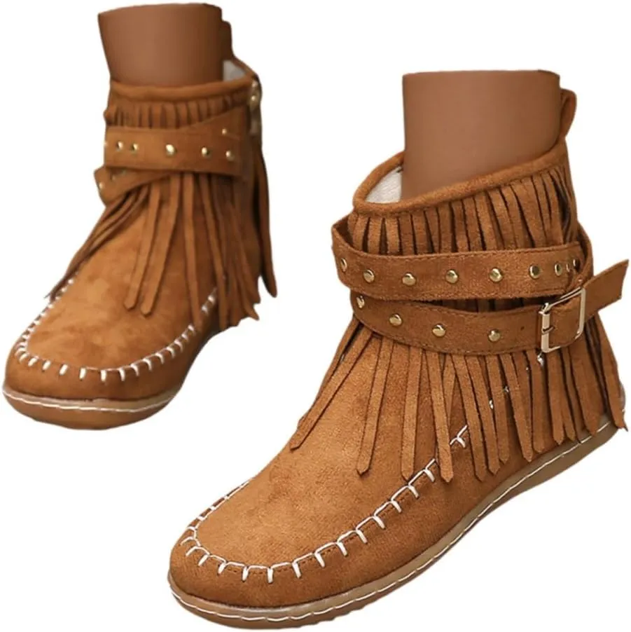 Women's Fringe Side-Zip Boot,Women's Suede Fringe Ankle Boots Wide Round Toe Flats Winter Warm Fashionable Western Outdoor Short Boots Boho Tassel Studded Slip On Booties with Zipper
