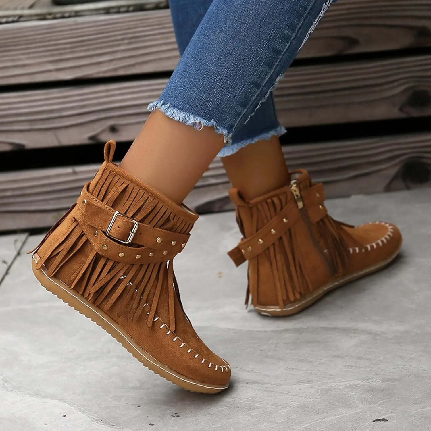 Women's Fringe Side-Zip Boot,Women's Suede Fringe Ankle Boots Wide Round Toe Flats Winter Warm Fashionable Western Outdoor Short Boots Boho Tassel Studded Slip On Booties with Zipper