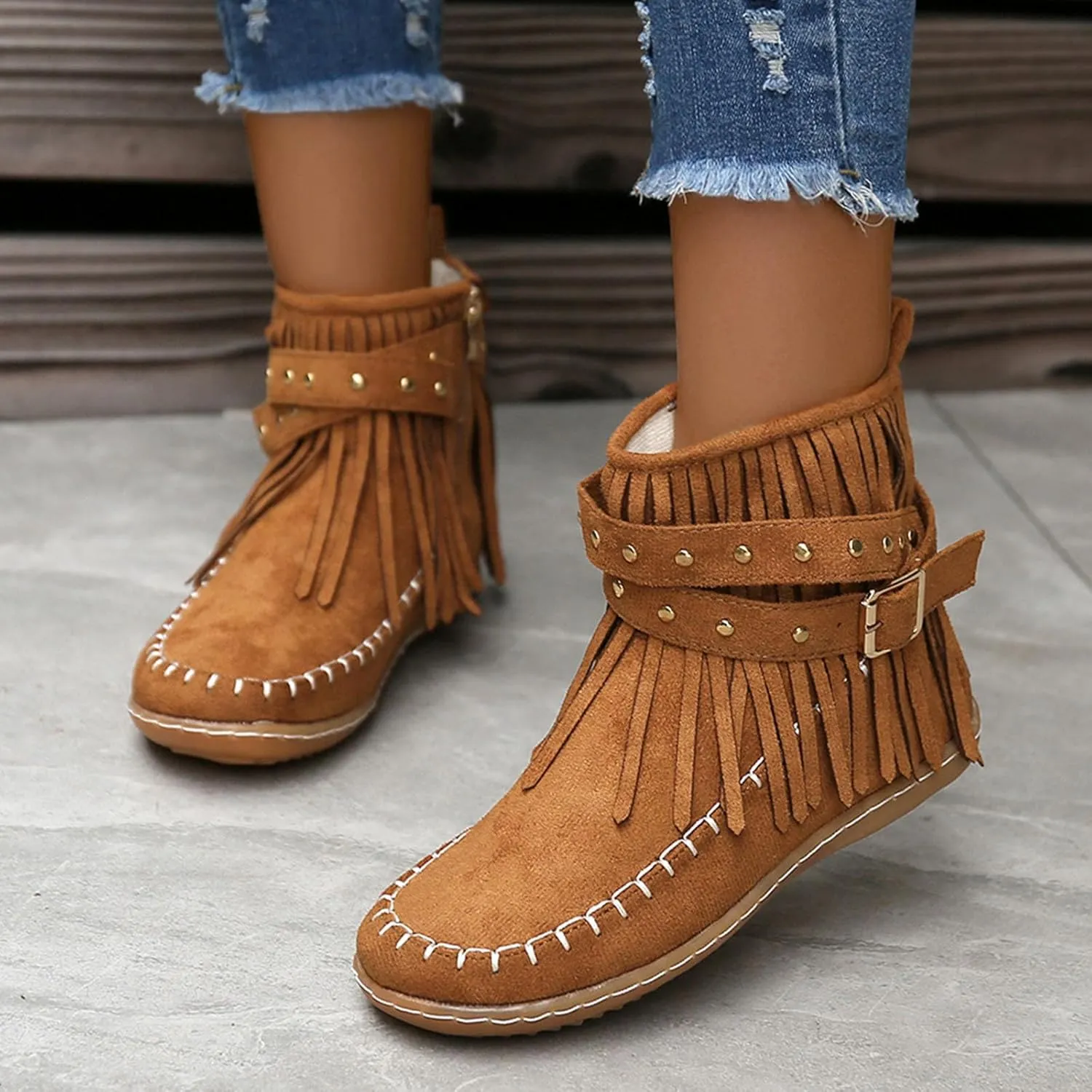 Women's Fringe Side-Zip Boot,Women's Suede Fringe Ankle Boots Wide Round Toe Flats Winter Warm Fashionable Western Outdoor Short Boots Boho Tassel Studded Slip On Booties with Zipper