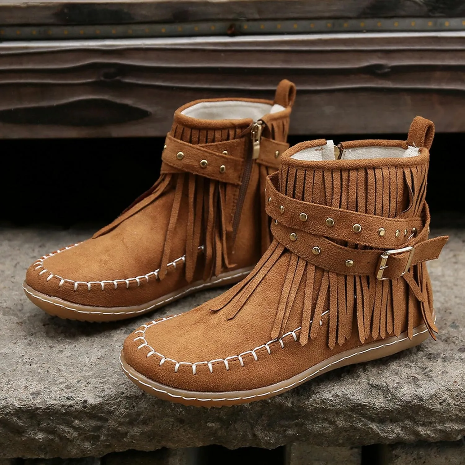 Women's Fringe Side-Zip Boot,Women's Suede Fringe Ankle Boots Wide Round Toe Flats Winter Warm Fashionable Western Outdoor Short Boots Boho Tassel Studded Slip On Booties with Zipper