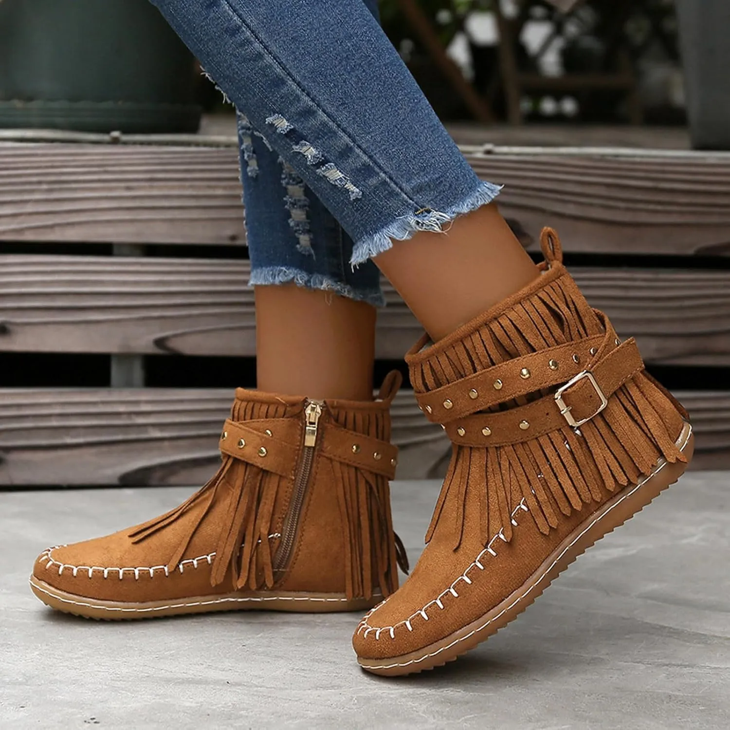 Women's Fringe Side-Zip Boot,Women's Suede Fringe Ankle Boots Wide Round Toe Flats Winter Warm Fashionable Western Outdoor Short Boots Boho Tassel Studded Slip On Booties with Zipper
