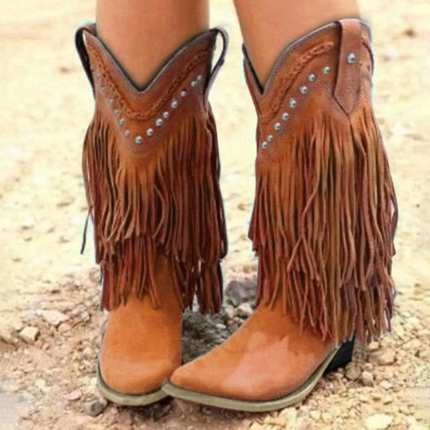 Women's Fringe Western Boots Wide Calf Riding Cowgirl Cowboy Boots Wide Calf Vintage Fringe Tassel Square Toe Mid Heels Western Cowgirls Knee High Booties
