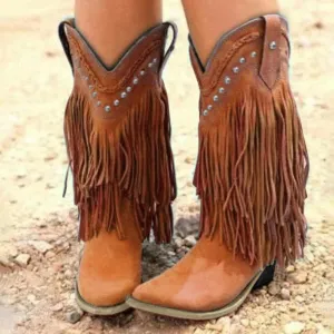Women's Fringe Western Boots Wide Calf Riding Cowgirl Cowboy Boots Wide Calf Vintage Fringe Tassel Square Toe Mid Heels Western Cowgirls Knee High Booties