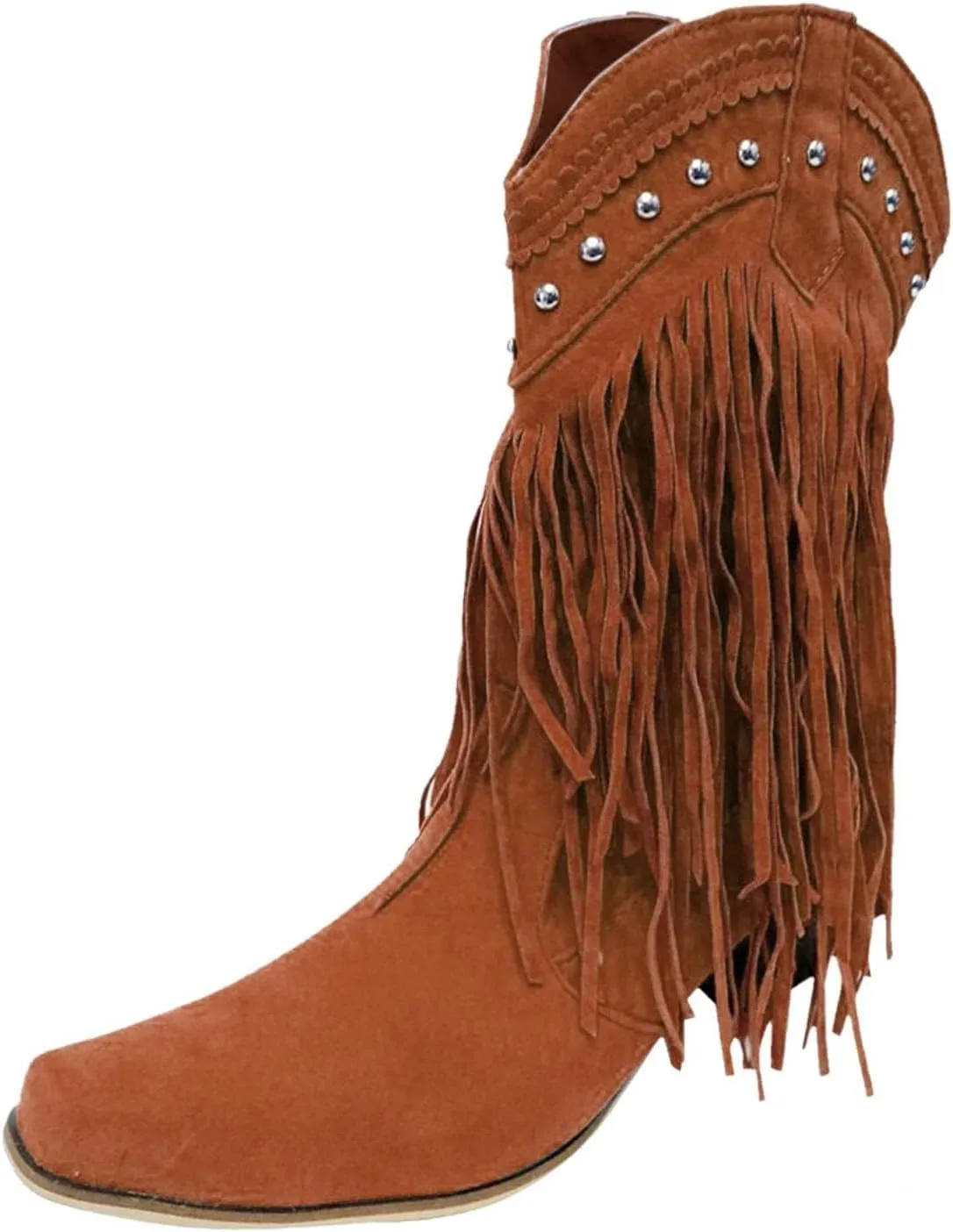 Women's Fringe Western Boots Wide Calf Riding Cowgirl Cowboy Boots Wide Calf Vintage Fringe Tassel Square Toe Mid Heels Western Cowgirls Knee High Booties