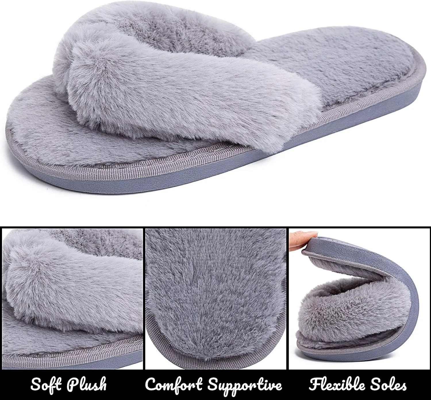 Women's Fuzzy Memory Foam Flip Flop Slippers Soft Comfy Open Toe Slip On Spa Thong Flat Sandals Ladies House Home Furry Sandal Slides Indoor Outdoor