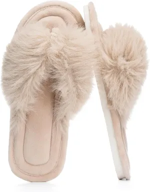 Womens Fuzzy Slippers with Box Memory Foam Soft Gifts for Women Mom Ladies Open Toe Fluffy Faux Fur Flip Flop Thong Slippers Bedroom Indoor Slides Shoe Birthday Valentines