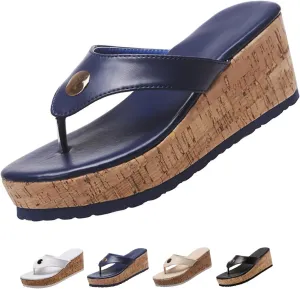 Women's Leather Platform Clip Toe Flip Flops with Arch Support Summer Casual Anti-Slip Orthopedic Wedges Walking Sandals Beach Flip