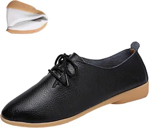 Women's Leather Pointed Toe Casual Flat Shoes,Lightweight Comfort Lace-up Non Slip Softsole Oxford Dress Loafers