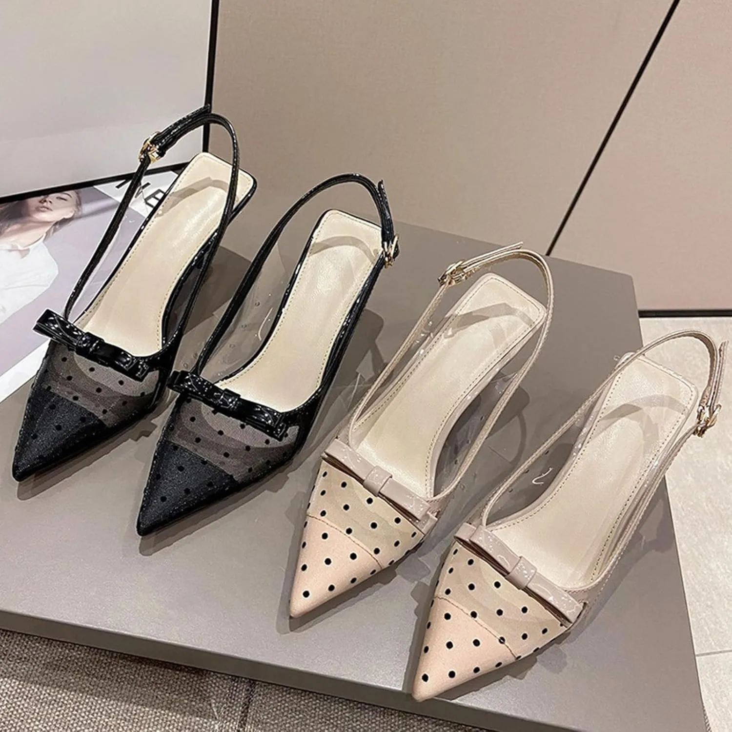 Women's Mesh Bow Knot Pointed Toe Casual Stilettos Heel Sandals with Adjustable Ankle Buckle Fashion Sexy Closed Toe Slingback Slip On Dress Heel Pumps for Party Wedding