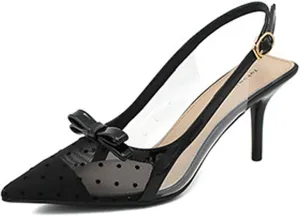 Women's Mesh Bow Knot Pointed Toe Casual Stilettos Heel Sandals with Adjustable Ankle Buckle Fashion Sexy Closed Toe Slingback Slip On Dress Heel Pumps for Party Wedding