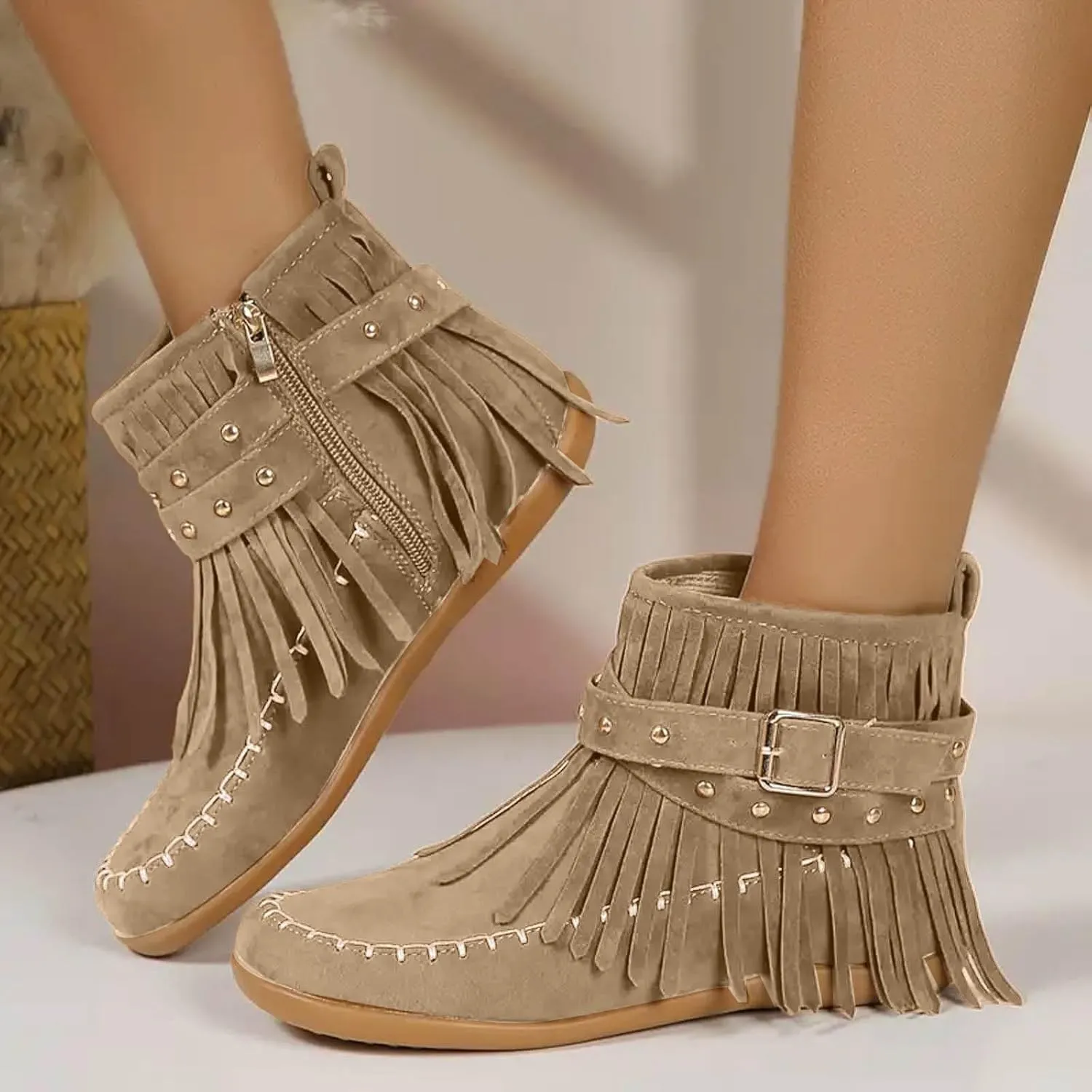 Womens Moccasins Fringe Ankle Boots Vintage Buckle Strap Suede Boots Casual Flat Heel Fall Boots Western Dress Boots