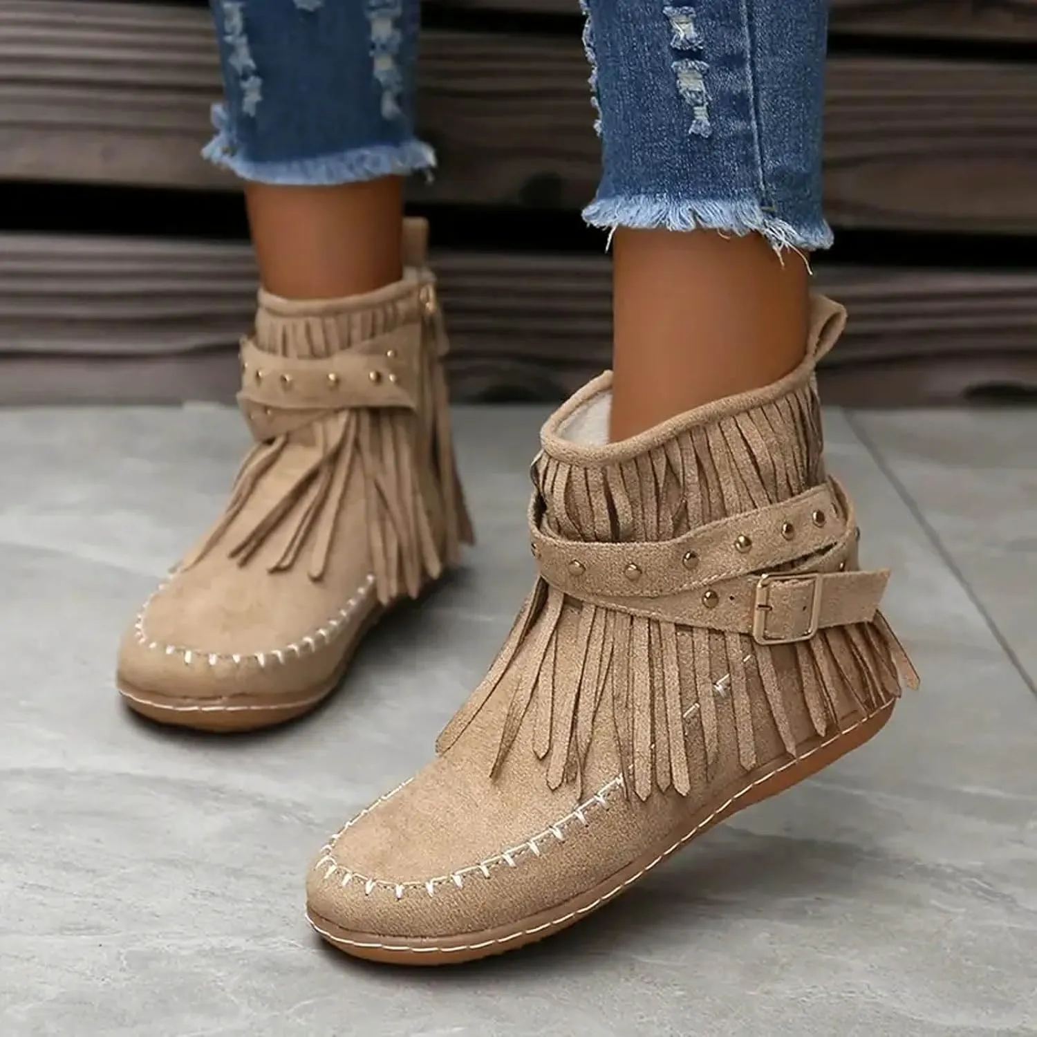 Womens Moccasins Fringe Ankle Boots Vintage Buckle Strap Suede Boots Casual Flat Heel Fall Boots Western Dress Boots
