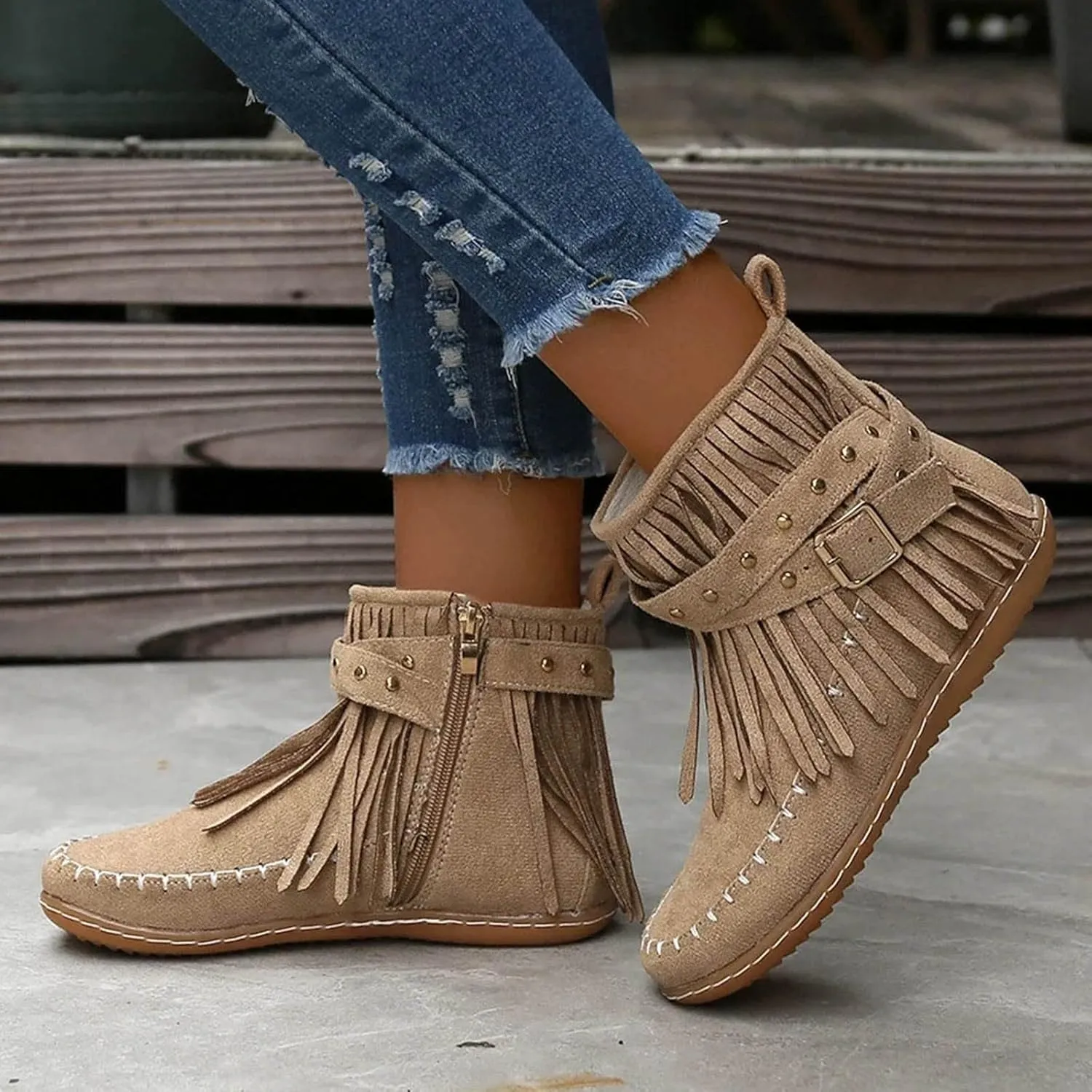 Womens Moccasins Fringe Ankle Boots Vintage Buckle Strap Suede Boots Casual Flat Heel Fall Boots Western Dress Boots