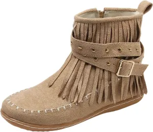 Womens Moccasins Fringe Ankle Boots Vintage Buckle Strap Suede Boots Casual Flat Heel Fall Boots Western Dress Boots