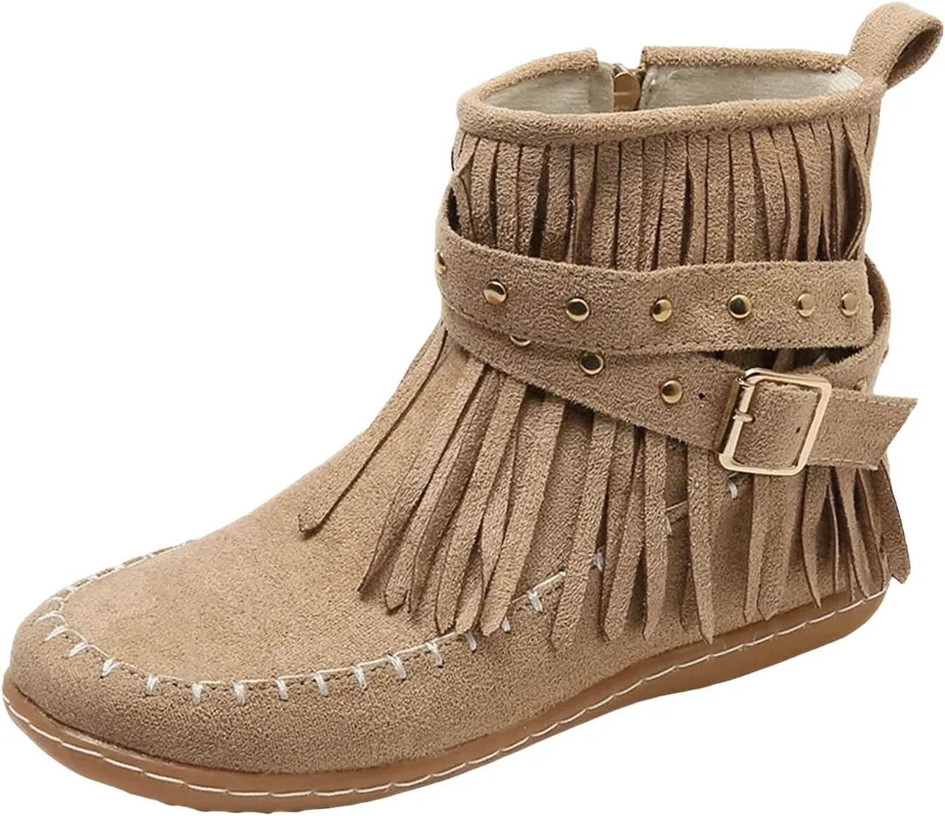Womens Moccasins Fringe Ankle Boots Vintage Buckle Strap Suede Boots Casual Flat Heel Fall Boots Western Dress Boots