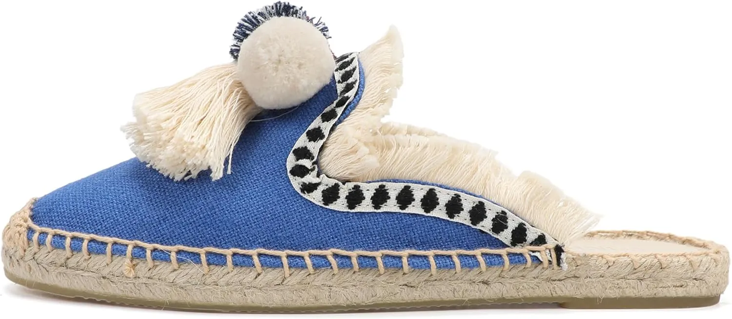 Women's Mule Flat Shoes with Tassel & Pompom, Espadrilles Slides Backless Slipper Slip on Shoes