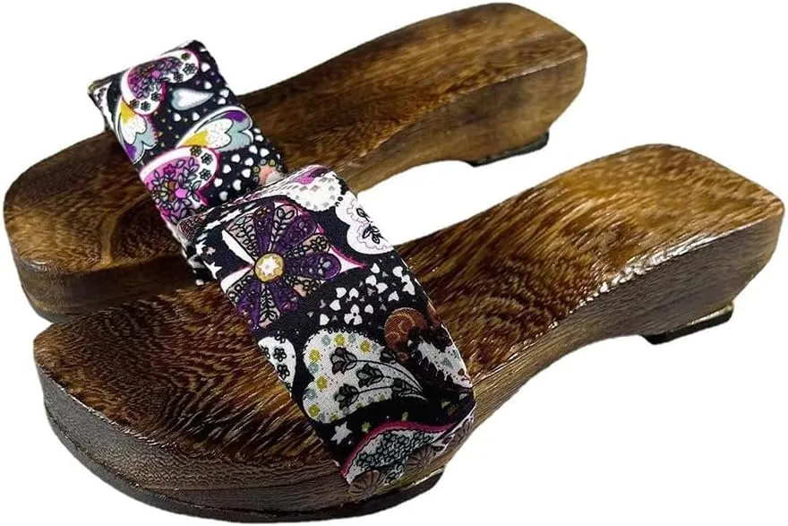 Women's One Word Dragging Wooden Clogs Japanese Slippers,Japanese Traditional Clogs Geta Sandals Traditional Round Headed High Heels Wooden Clogs Shoes(Size:EU 37,Color:Blue)