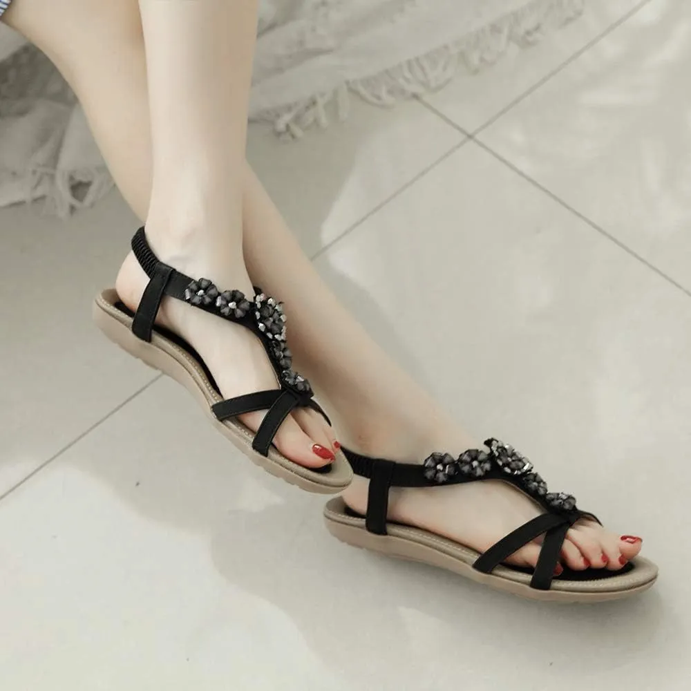 Women's Open Toe Sandals Summer Bohemia Rhinestone Flower Bead Folk Boho Beach Flip Flops Elastic Shoes Size 6.5-12.5 US