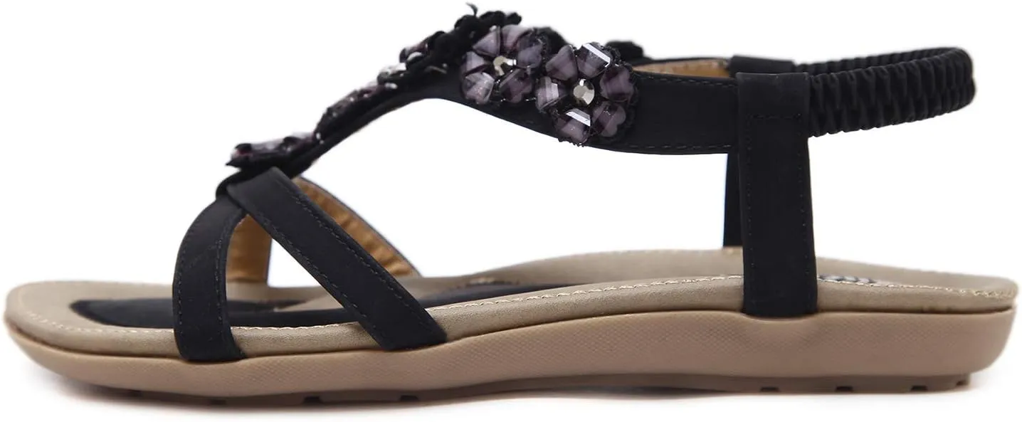 Women's Open Toe Sandals Summer Bohemia Rhinestone Flower Bead Folk Boho Beach Flip Flops Elastic Shoes Size 6.5-12.5 US