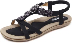 Women's Open Toe Sandals Summer Bohemia Rhinestone Flower Bead Folk Boho Beach Flip Flops Elastic Shoes Size 6.5-12.5 US