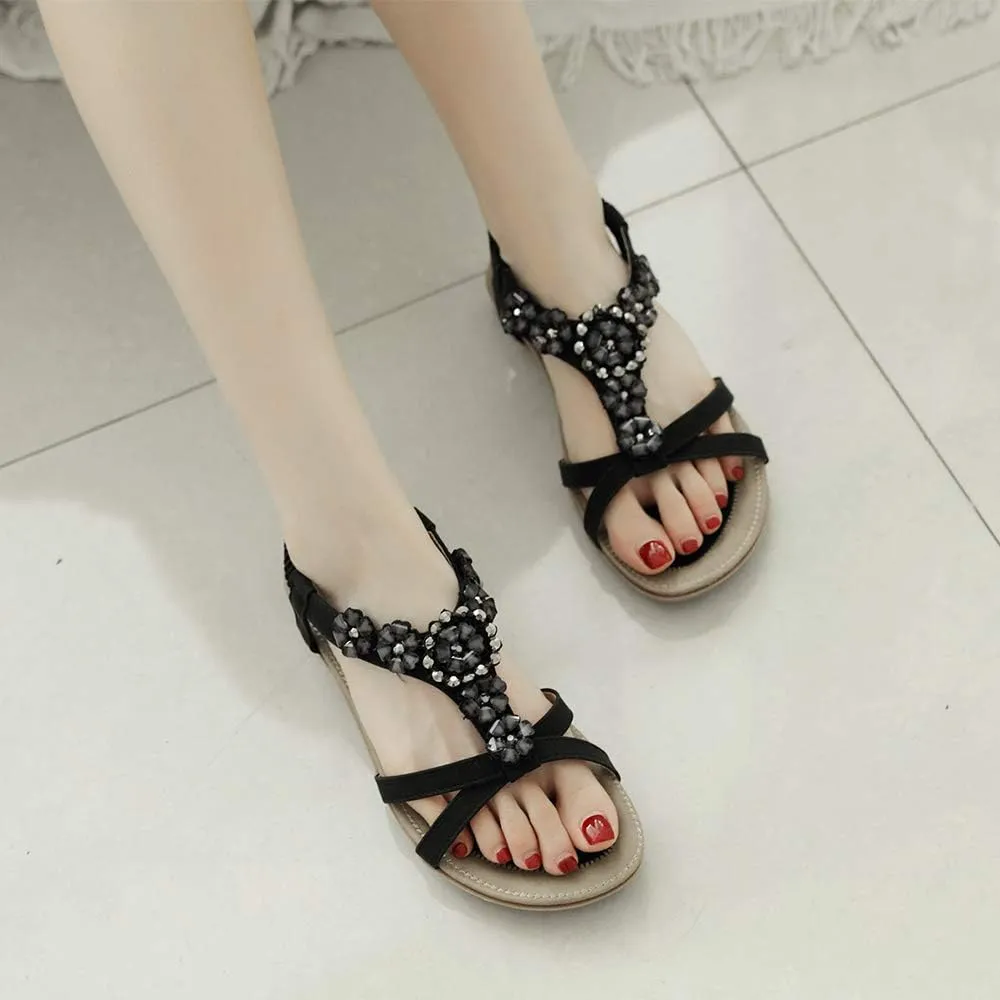 Women's Open Toe Sandals Summer Bohemia Rhinestone Flower Bead Folk Boho Beach Flip Flops Elastic Shoes Size 6.5-12.5 US