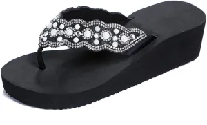 Womens Open Toe Shining Rhinestones Wedge Slide Sandal Anti-Slip Slip-On Flip Flop Summer Beach Travel Indoor Outdoor Slipper