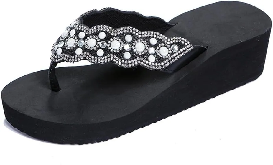 Womens Open Toe Shining Rhinestones Wedge Slide Sandal Anti-Slip Slip-On Flip Flop Summer Beach Travel Indoor Outdoor Slipper