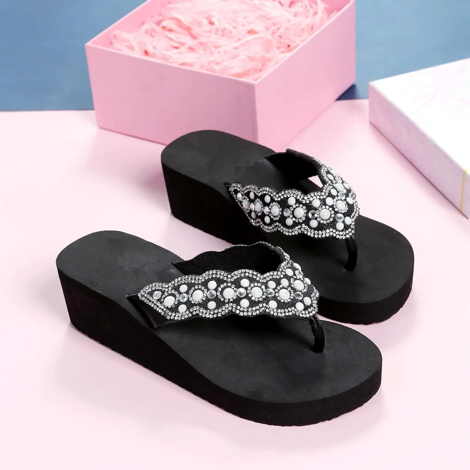 Womens Open Toe Shining Rhinestones Wedge Slide Sandal Anti-Slip Slip-On Flip Flop Summer Beach Travel Indoor Outdoor Slipper