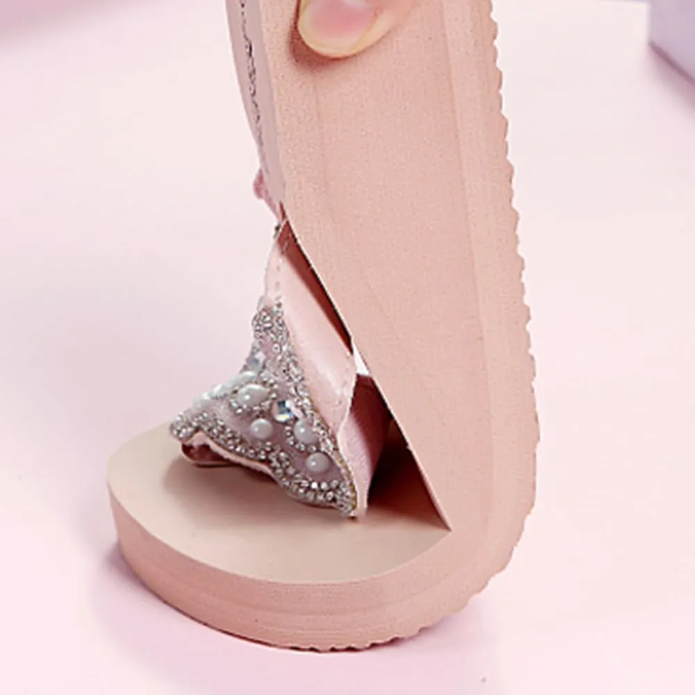 Womens Open Toe Shining Rhinestones Wedge Slide Sandal Anti-Slip Slip-On Flip Flop Summer Beach Travel Indoor Outdoor Slipper