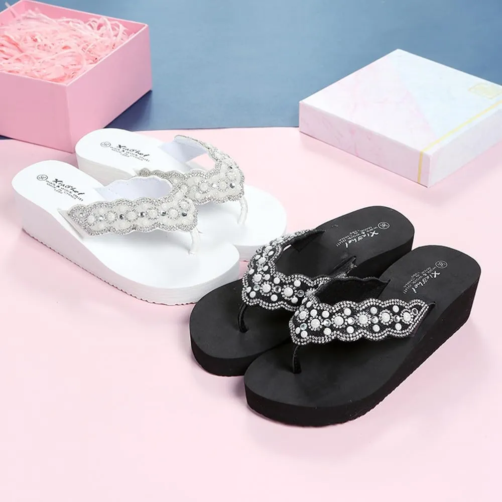 Womens Open Toe Shining Rhinestones Wedge Slide Sandal Anti-Slip Slip-On Flip Flop Summer Beach Travel Indoor Outdoor Slipper